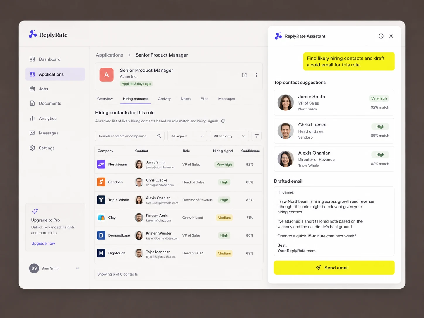 ReplyRate hiring contact discovery dashboard with suggested contacts, confidence scores and a drafted outreach message