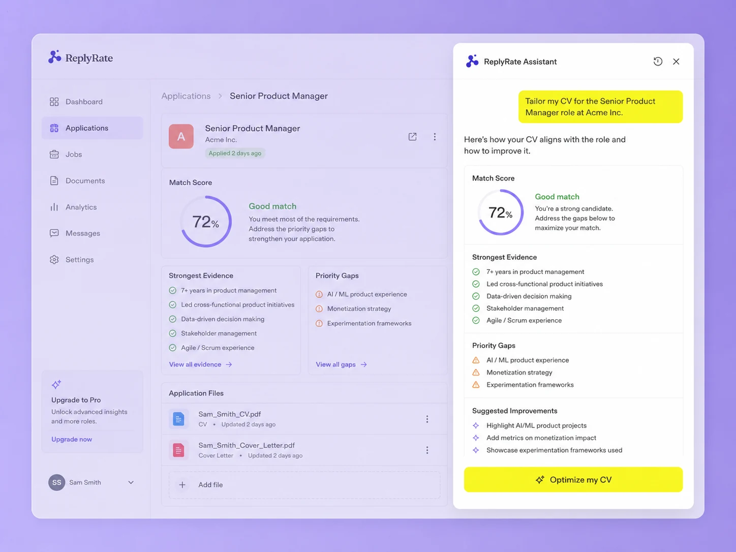 ReplyRate CV tailoring dashboard with an assistant panel showing match score, strongest evidence, priority gaps and suggested improvements