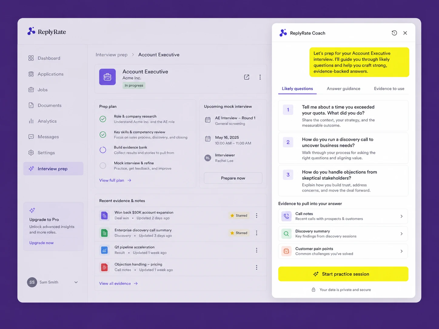 ReplyRate interview preparation dashboard with likely questions, evidence prompts and a guided practice session