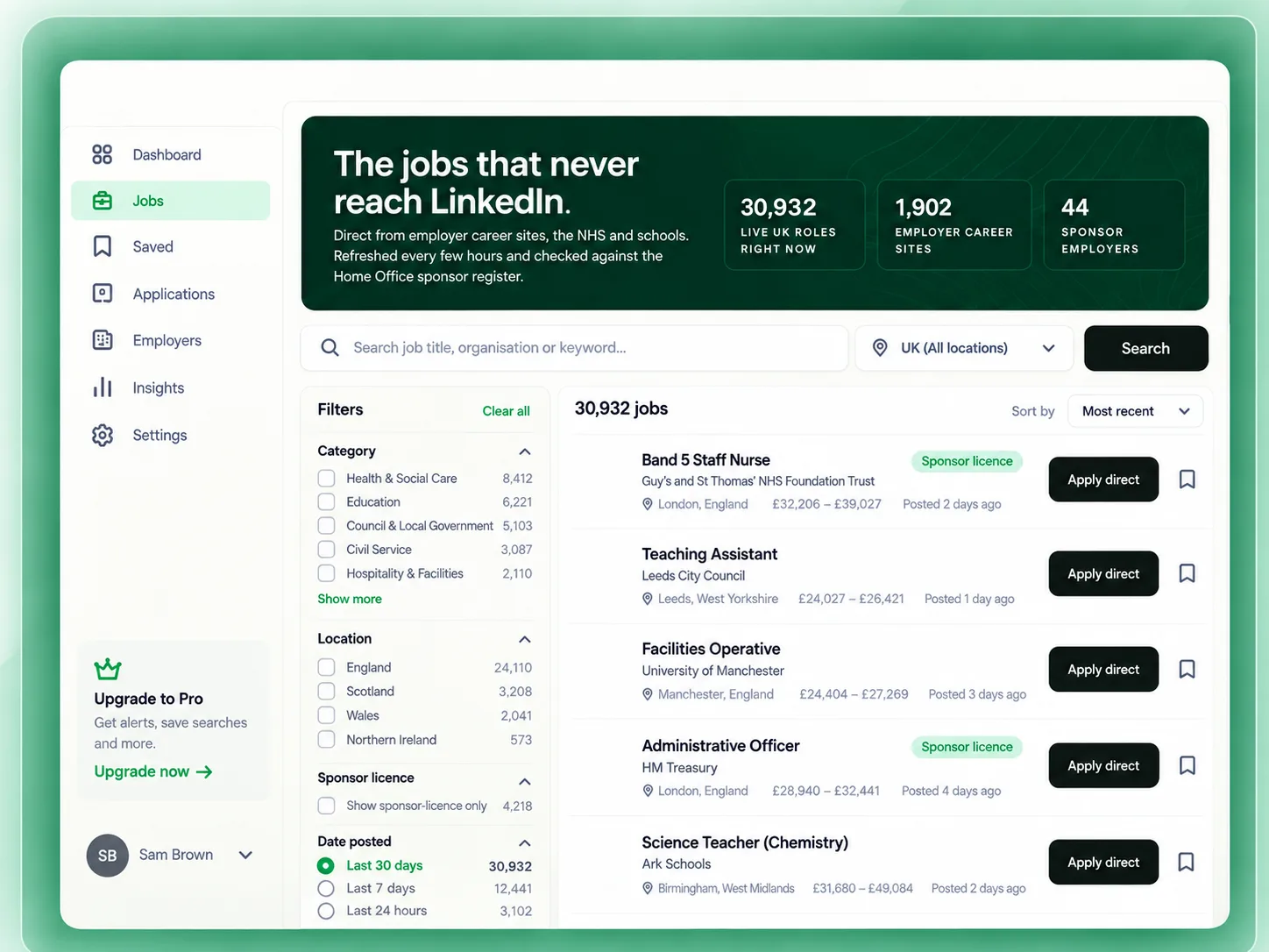 ReplyRate hidden jobs board listing UK roles read from employer careers systems, with each employer's sponsor-register status and a title search